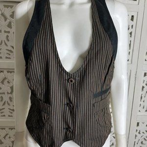 Sundance Women's Vest Stripe Black Brown Cotton Blend Button Up Vest Size 10